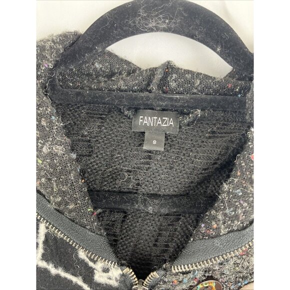 Fantazia Black Boho Artsy Long-Length Hooded Sweater-Coat Women's Size S - Picture 5 of 10